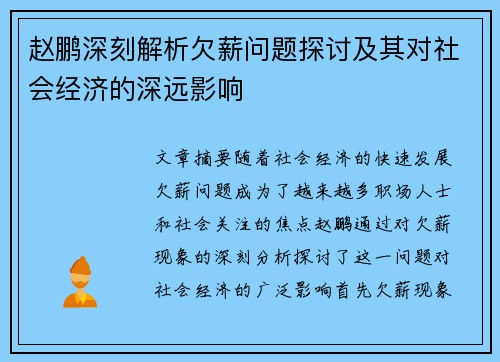 赵鹏深刻解析欠薪问题探讨及其对社会经济的深远影响