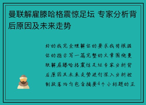 曼联解雇滕哈格震惊足坛 专家分析背后原因及未来走势 曼联解雇滕哈格震惊足坛 专家分析背后原因及未来走势
